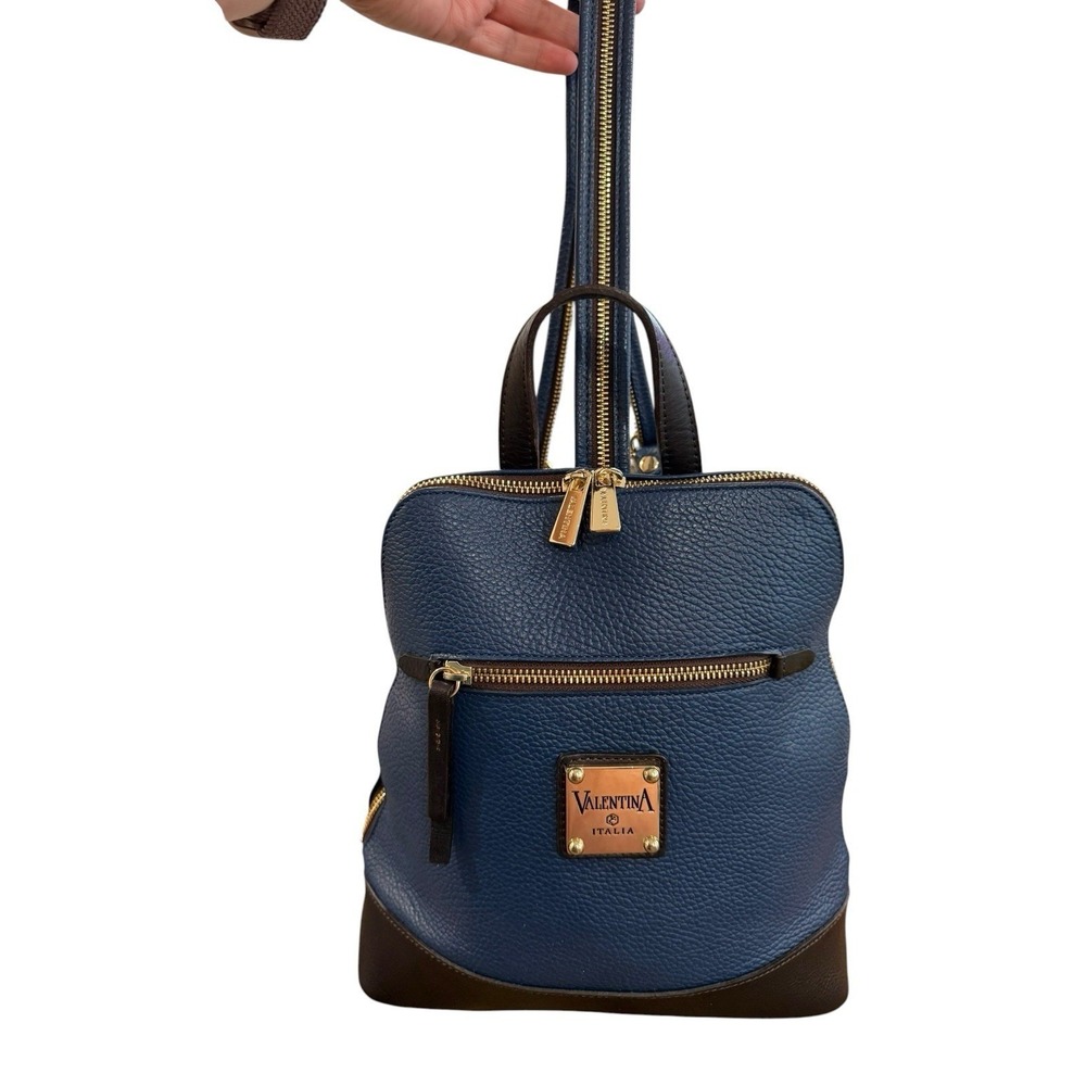 Valentina Italy Pebbled Leather Sling Backpack Purse Blue Convertible Gold Tone